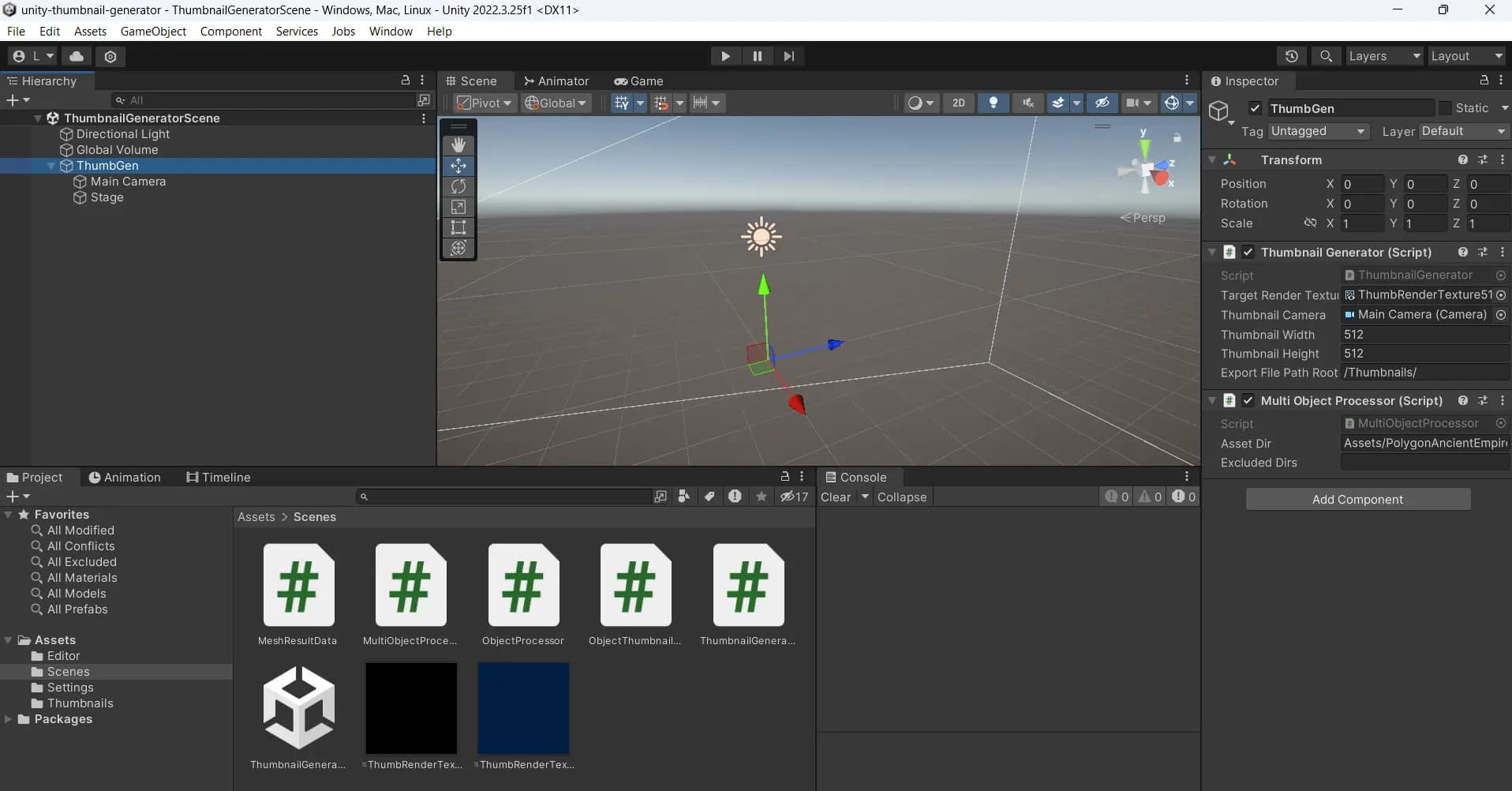 Unity Thumbanil Generator view in the Unity Editor